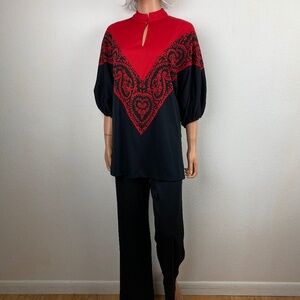 Vintage 70s Miss Shaheen Pant Set Medium Bold Red & Black Tunic Wide Leg Pants